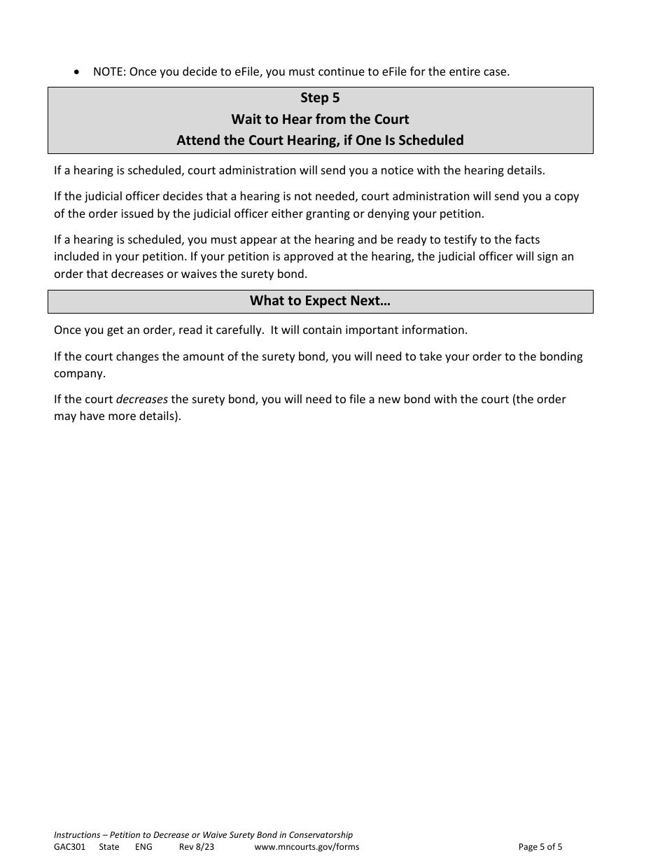 Instructions for Form GAC301 Petition to Decrease or Waive Surety Bond in Conservatorship - Minnesota, Page 5