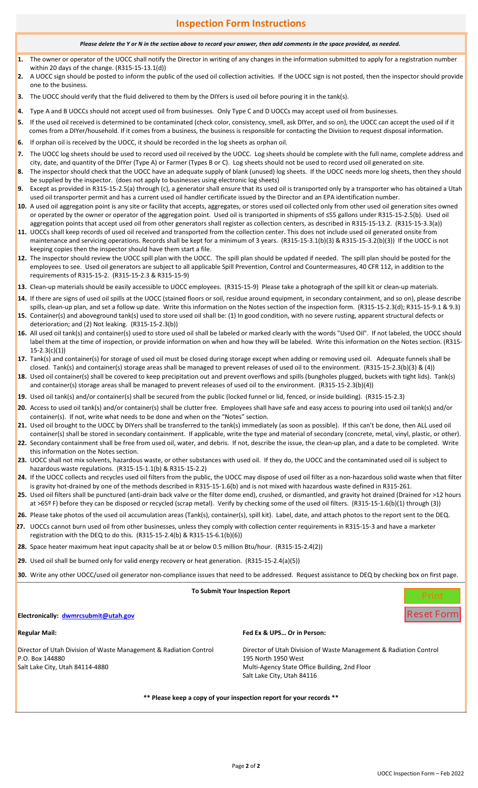 Used Oil Collection Center Inspection Form - Utah, Page 2