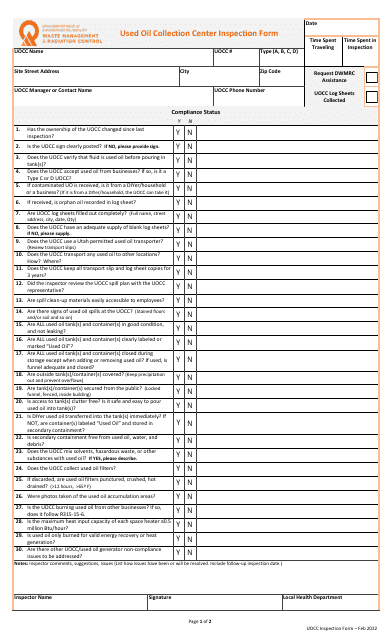 Used Oil Collection Center Inspection Form - Utah Download Pdf