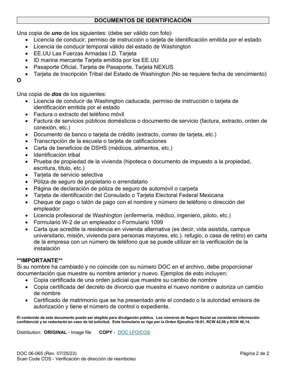 Formulario DOC06-065S Costo De Reembolso De Supervision Verificacion De Direccion - Washington (Spanish), Page 2