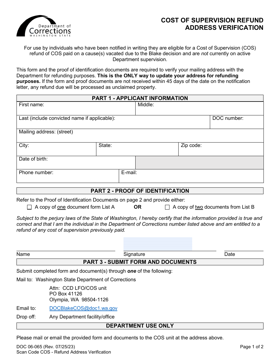 Form DOC06-065 Cost of Supervision Refund Address Verification - Washington, Page 1