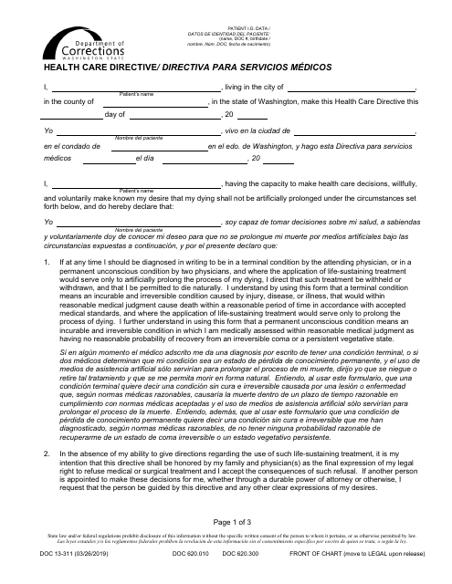 Form DOC13-311ES Health Care Directive - Washington (English/Spanish)