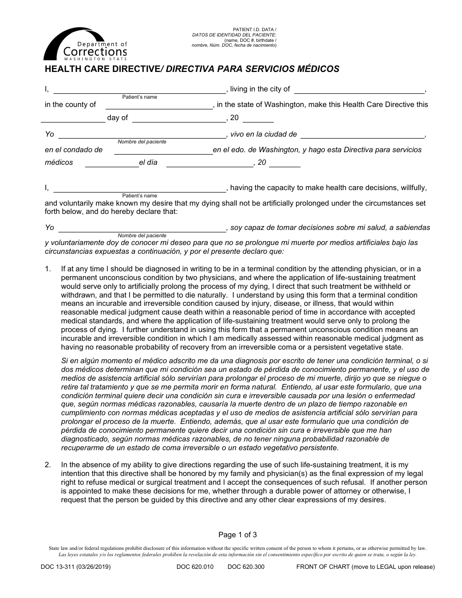 Form DOC13-311ES Health Care Directive - Washington (English / Spanish), Page 1