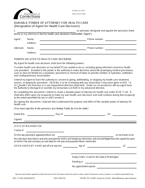 Form DOC13-392 Durable Power of Attorney for Health Care - Washington