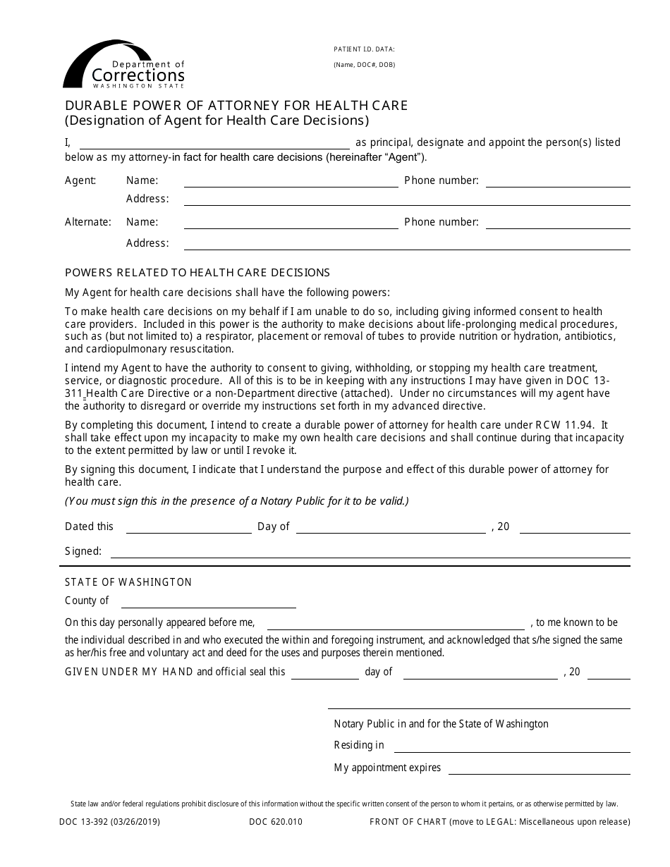 Form DOC13-392 Durable Power of Attorney for Health Care - Washington, Page 1