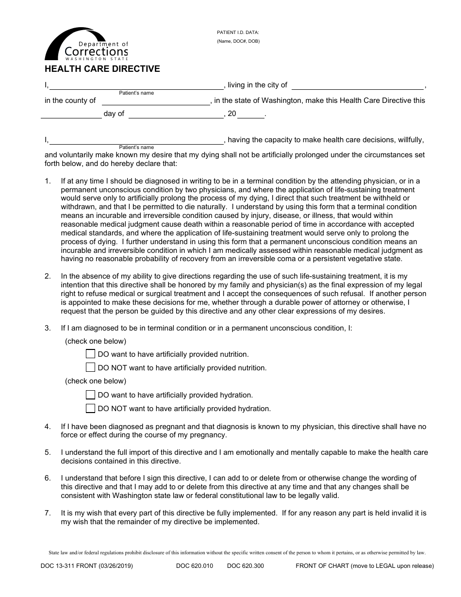 Form DOC13-311 Health Care Directive - Washington, Page 1
