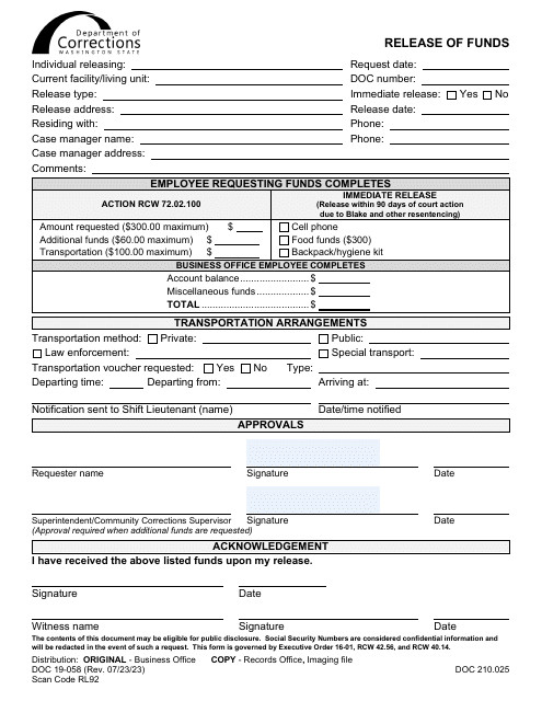 Form DOC19-058 Release of Funds - Washington