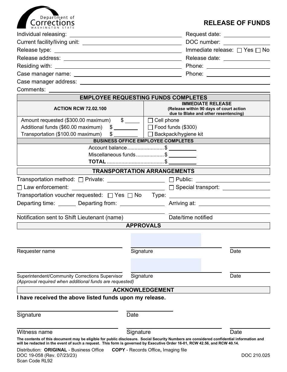 Form DOC19-058 Release of Funds - Washington, Page 1