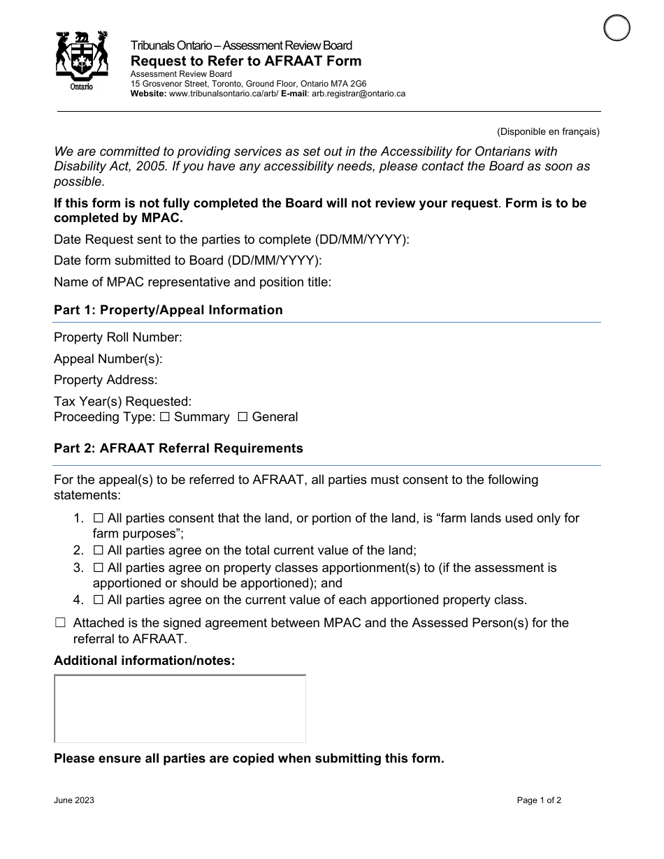 Request to Refer to Afraat Form - Ontario, Canada, Page 1