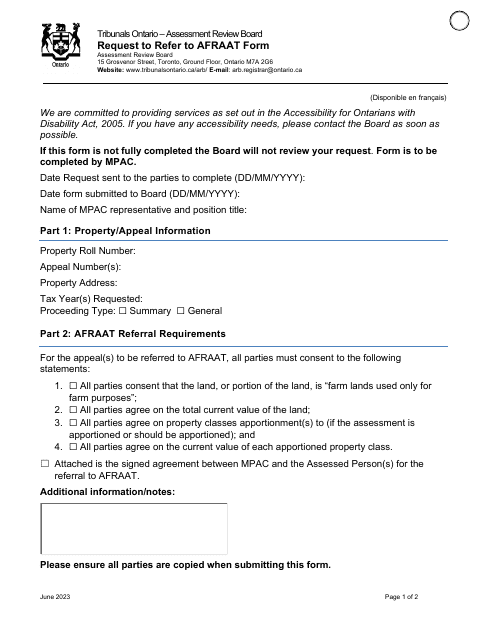 Request to Refer to Afraat Form - Ontario, Canada