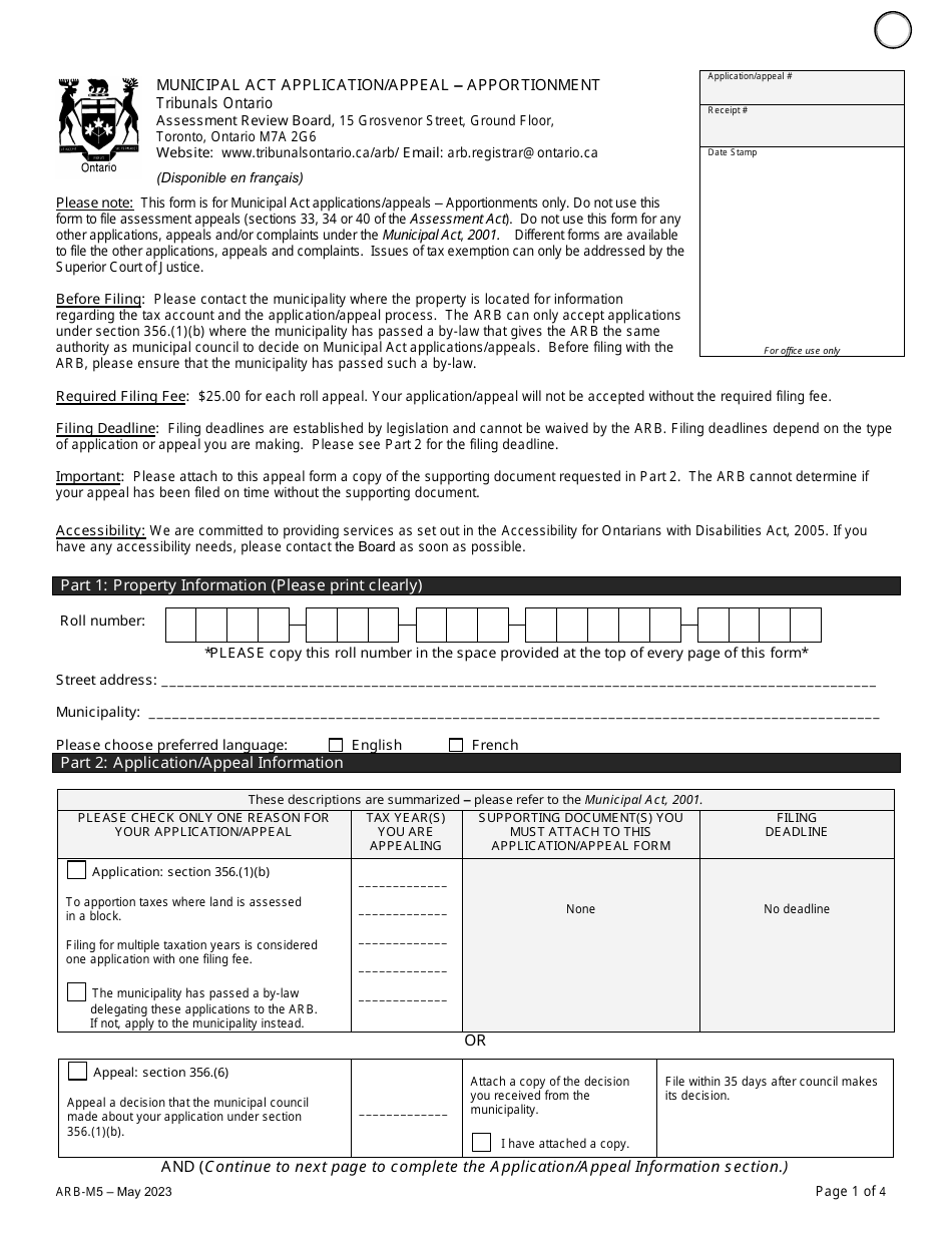 Form ARB-M5 Municipal Act Application / Appeal - Apportionment - Ontario, Canada, Page 4
