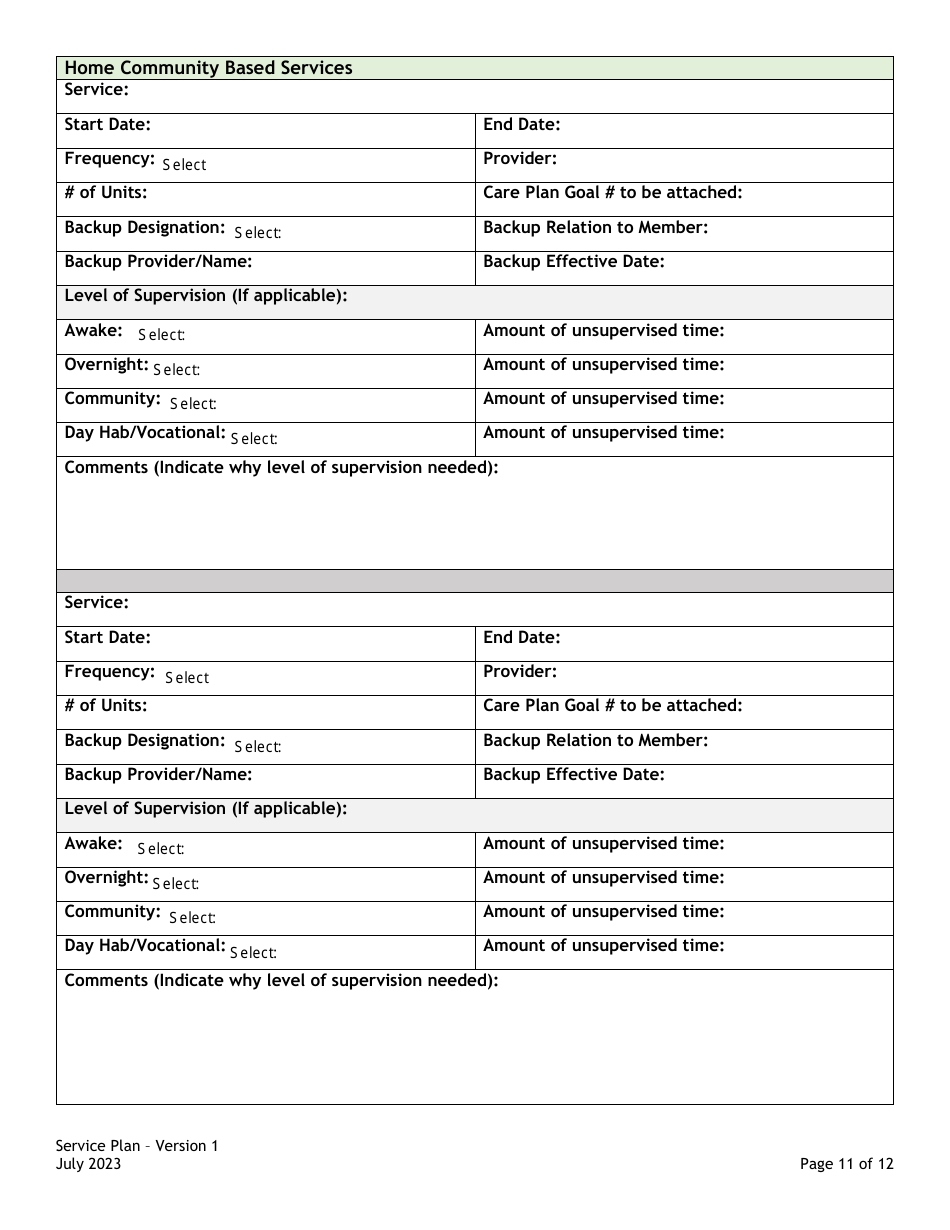Service Plan Card / Assessment / Support Plans: Service Plan Form - Colorado, Page 11