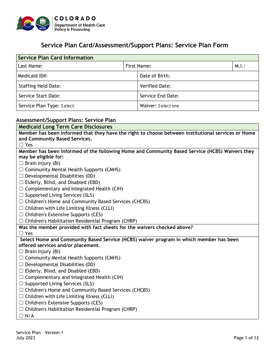 Service Plan Card / Assessment / Support Plans: Service Plan Form - Colorado, Page 1