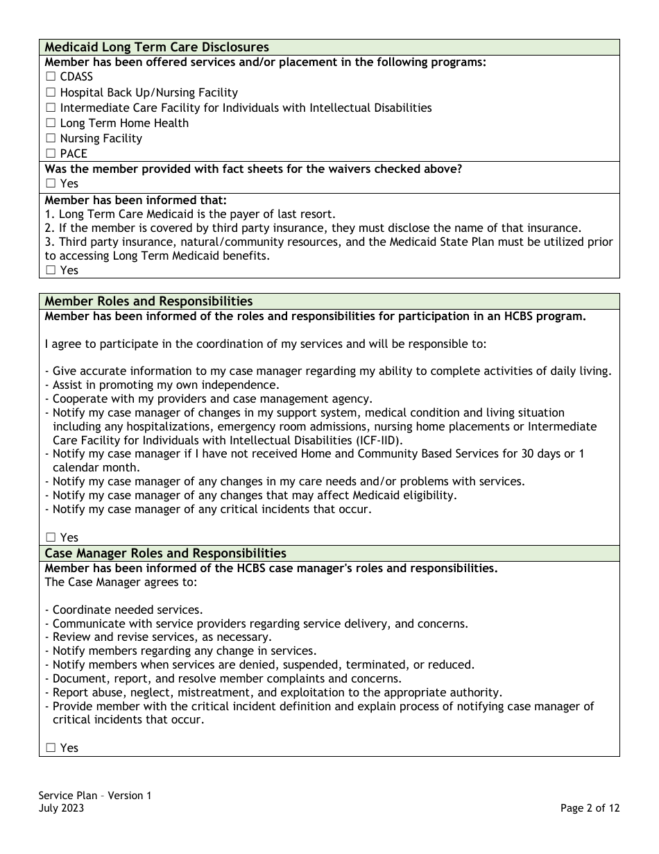 Service Plan Card / Assessment / Support Plans: Service Plan Form - Colorado, Page 2