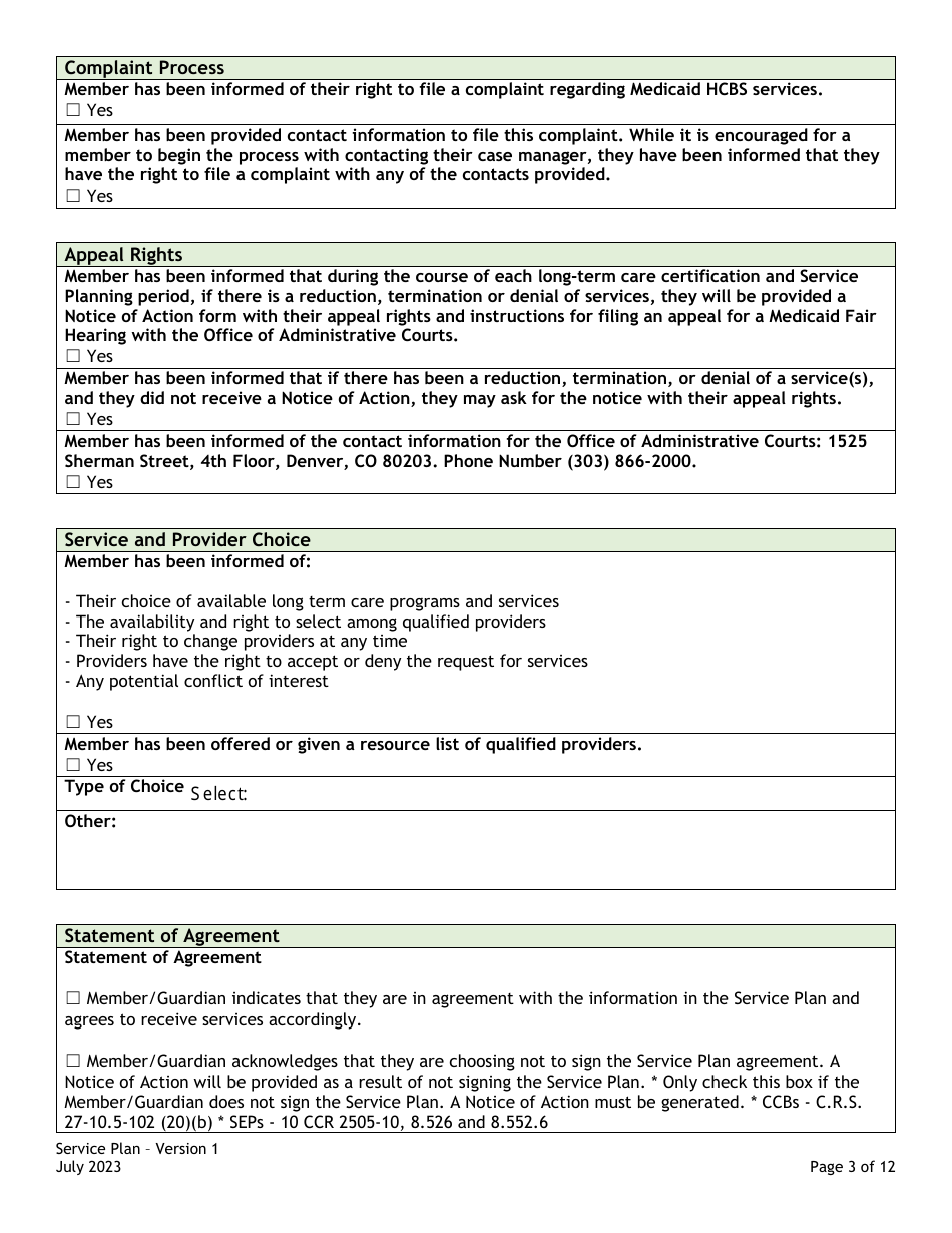 Service Plan Card / Assessment / Support Plans: Service Plan Form - Colorado, Page 3