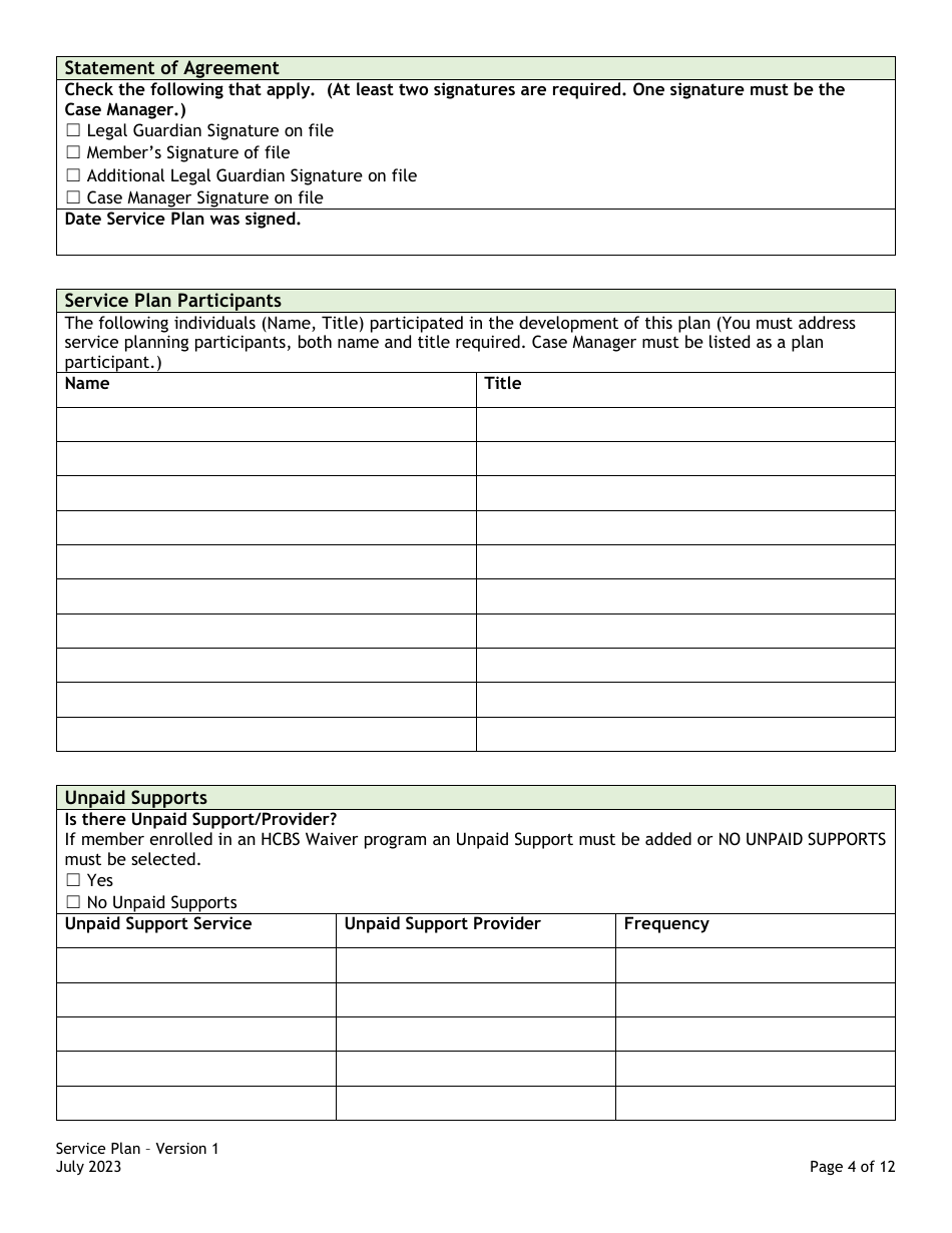 Service Plan Card / Assessment / Support Plans: Service Plan Form - Colorado, Page 4