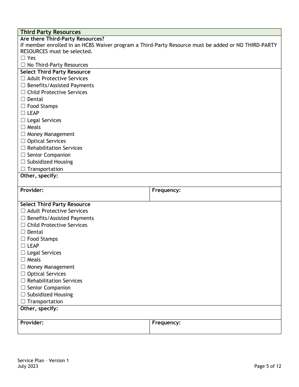 Service Plan Card / Assessment / Support Plans: Service Plan Form - Colorado, Page 5