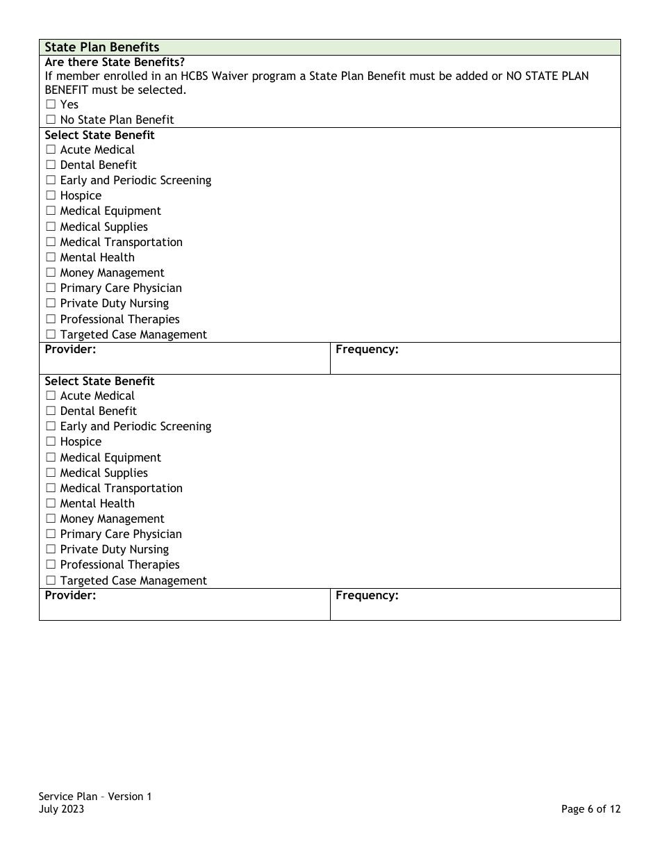 Service Plan Card / Assessment / Support Plans: Service Plan Form - Colorado, Page 6