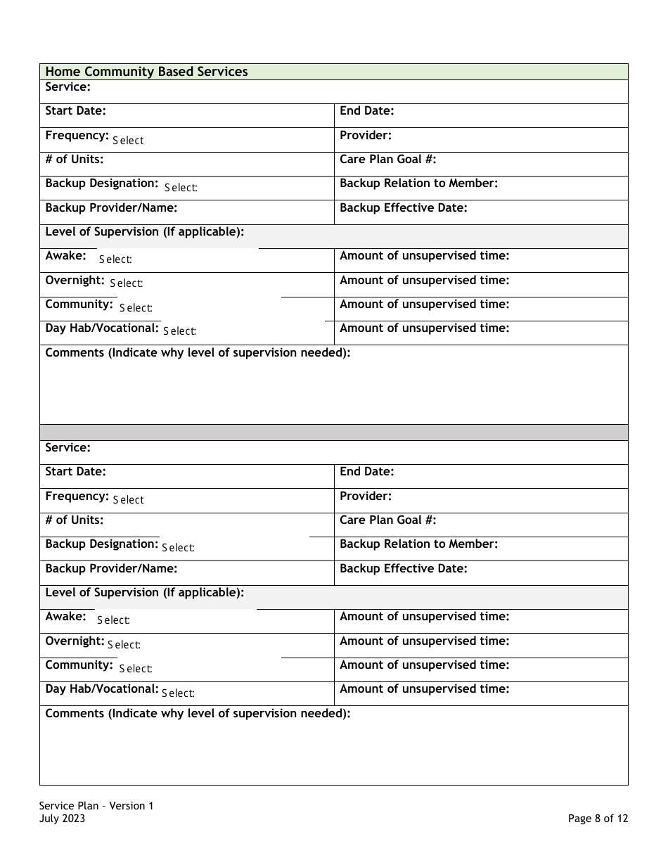 Service Plan Card / Assessment / Support Plans: Service Plan Form - Colorado, Page 8