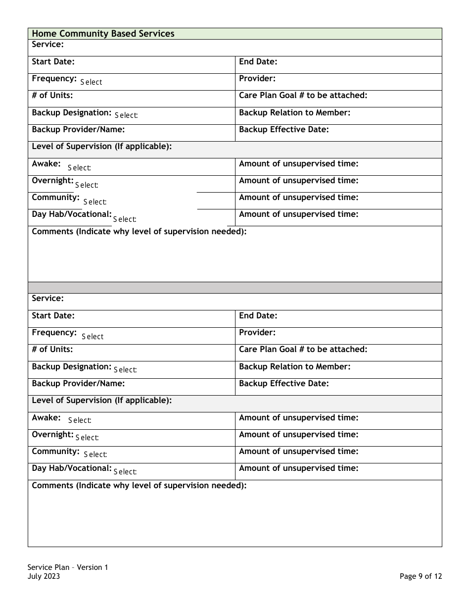 Service Plan Card / Assessment / Support Plans: Service Plan Form - Colorado, Page 9