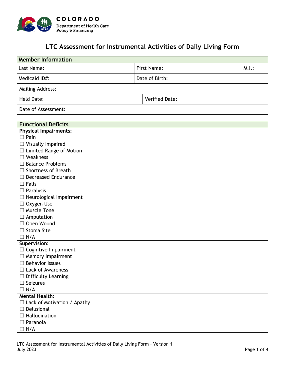 Ltc Assessment for Instrumental Activities of Daily Living Form - Colorado, Page 1