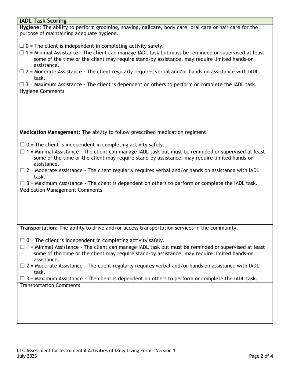 Colorado Ltc Assessment for Instrumental Activities of Daily Living ...