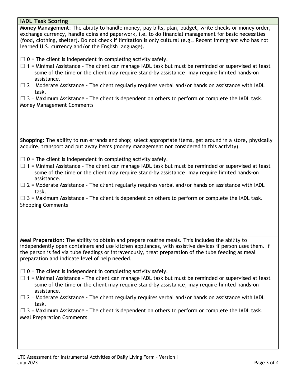 Ltc Assessment for Instrumental Activities of Daily Living Form - Colorado, Page 3