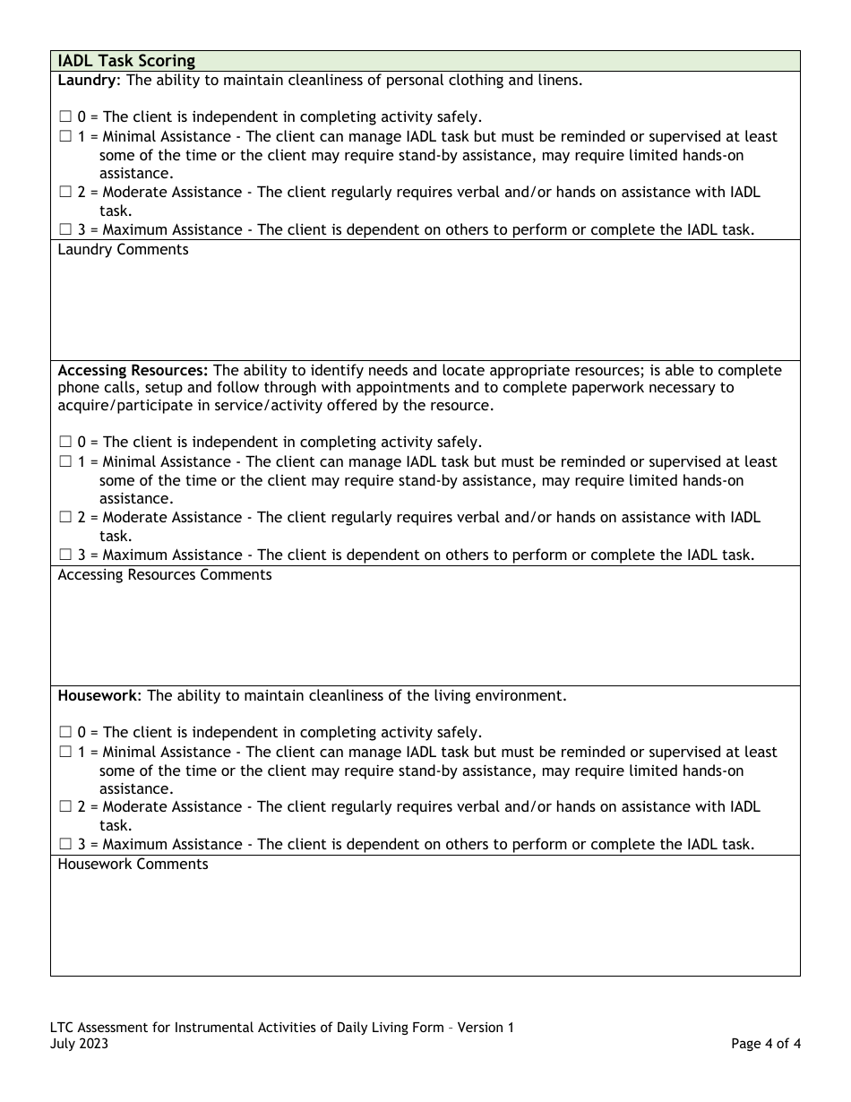 Ltc Assessment for Instrumental Activities of Daily Living Form - Colorado, Page 4