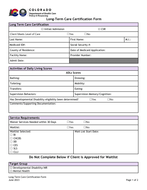 Long-Term Care Certification Form - Colorado Download Pdf
