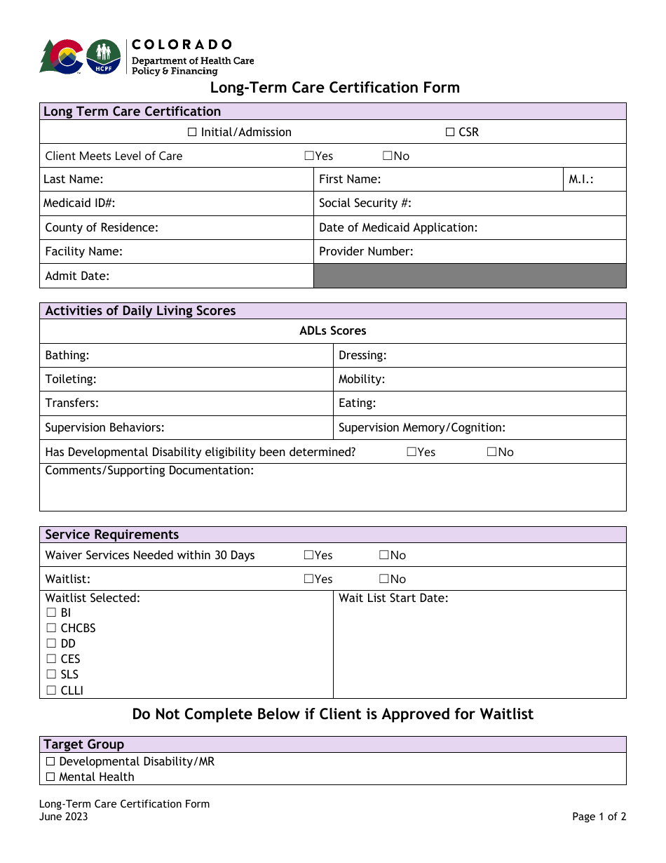 Long-Term Care Certification Form - Colorado, Page 1