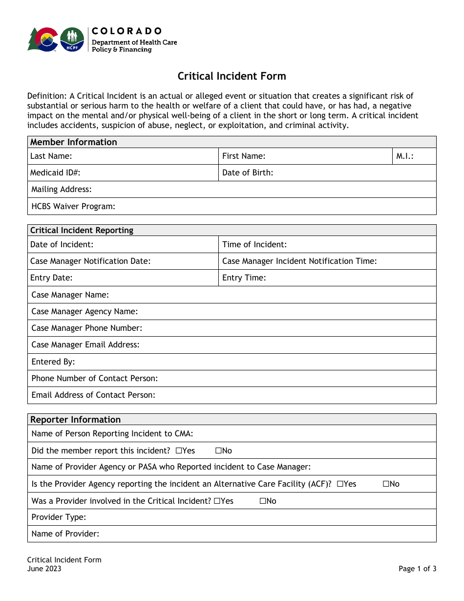 Critical Incident Form - Criminal Activity - Colorado, Page 1