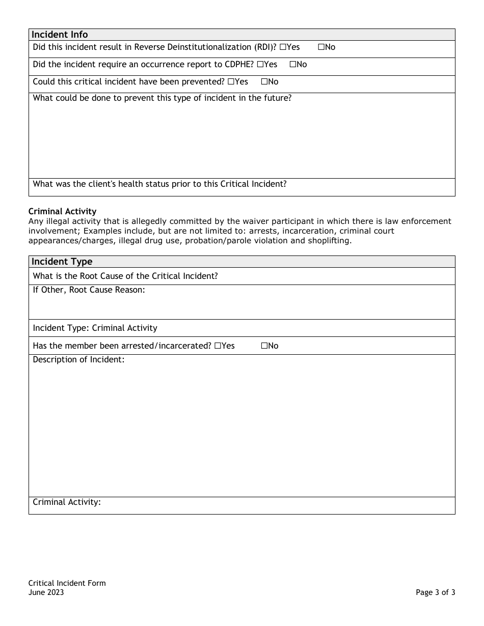 Critical Incident Form - Criminal Activity - Colorado, Page 3