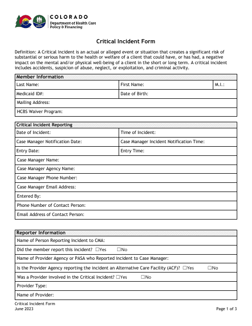 Critical Incident Form - Injury or Illness to Client - Colorado Download Pdf