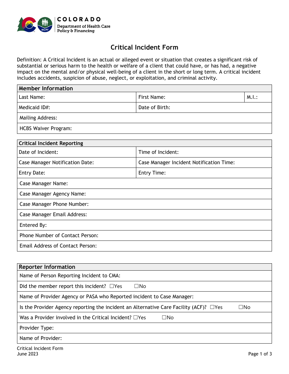 Critical Incident Form - Injury or Illness to Client - Colorado, Page 1