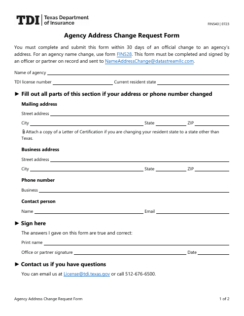 Form FIN540 Agency Address Change Request Form - Texas