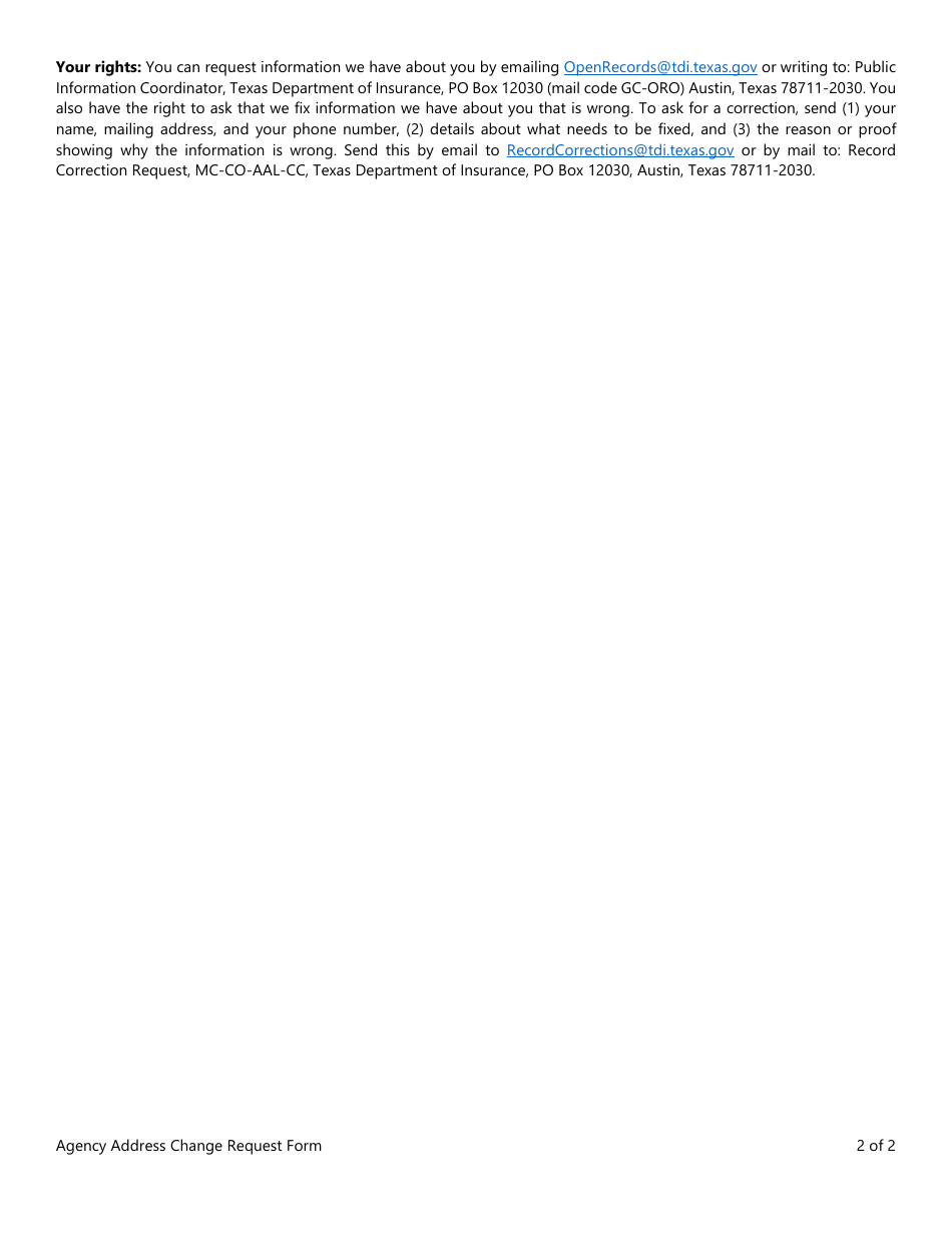 Form FIN540 Agency Address Change Request Form - Texas, Page 2