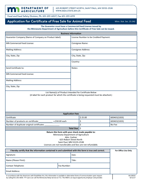 Form AG-03032 Application for Certificate of Free Sale for Animal Feed - Minnesota