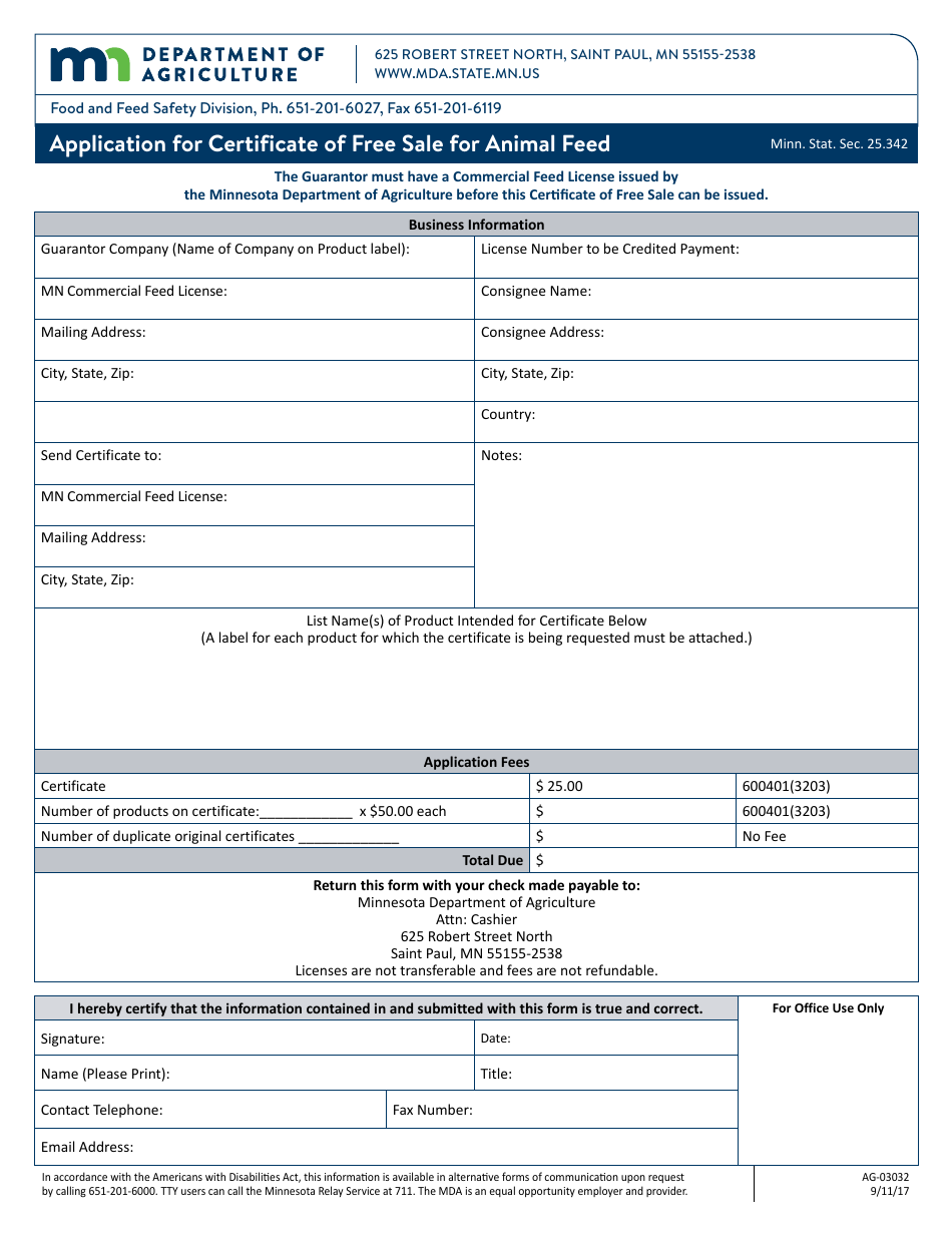 Form AG-03032 Application for Certificate of Free Sale for Animal Feed - Minnesota, Page 1