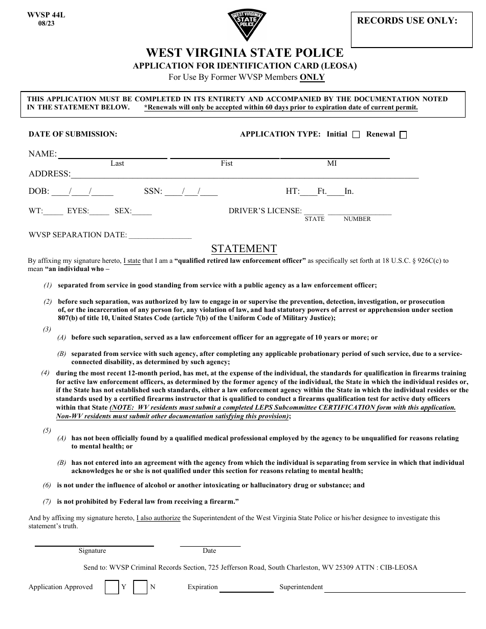 Form WVSP44L Application for Identification Card (Leosa) - West Virginia, Page 1