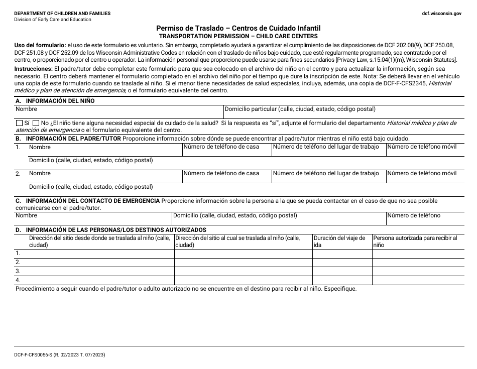 Formulario DCF-F-CFS0056-S Permiso De Traslado - Centros De Cuidado Infantil - Wisconsin (Spanish), Page 1