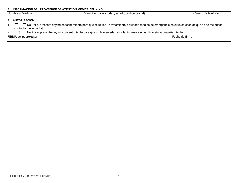 Formulario DCF-F-CFS0056-S Permiso De Traslado - Centros De Cuidado Infantil - Wisconsin (Spanish), Page 2