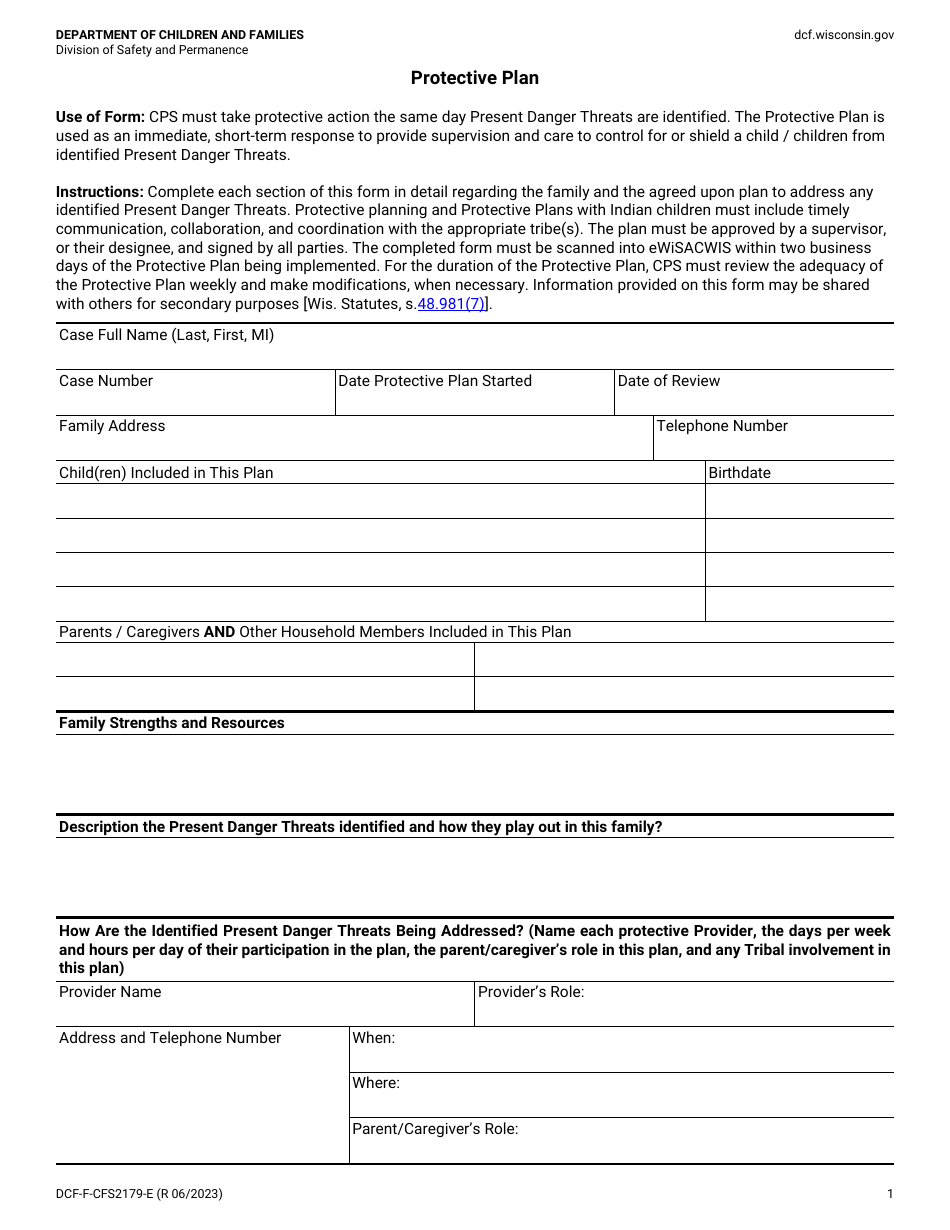 Form DCF-F-CFS2179 Protective Plan - Wisconsin, Page 1