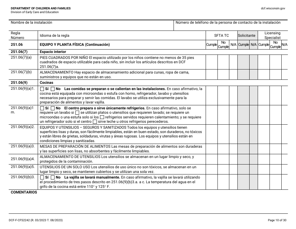 Formulario DCF-F-CFS2242-S Lista De Verificacion De La Licencia Inicial: Centros Grupales De Cuidado Infantil - Wisconsin (Spanish), Page 10