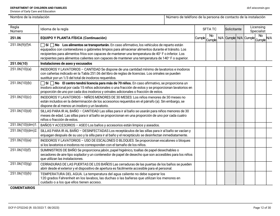 Formulario DCF-F-CFS2242-S Lista De Verificacion De La Licencia Inicial: Centros Grupales De Cuidado Infantil - Wisconsin (Spanish), Page 12