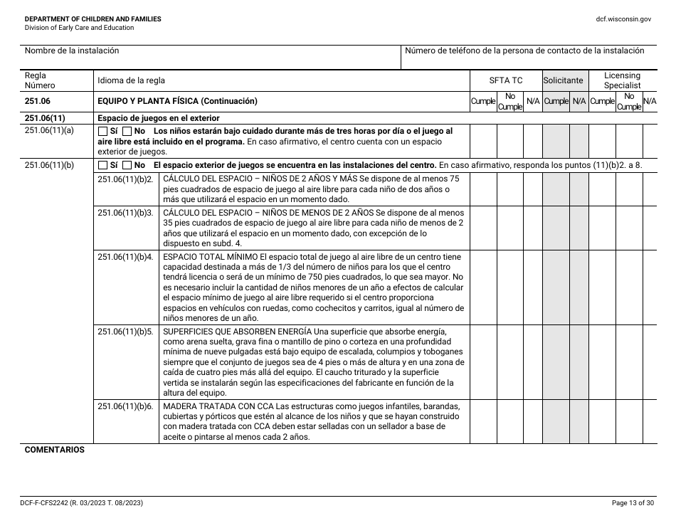 Formulario DCF-F-CFS2242-S Lista De Verificacion De La Licencia Inicial: Centros Grupales De Cuidado Infantil - Wisconsin (Spanish), Page 13