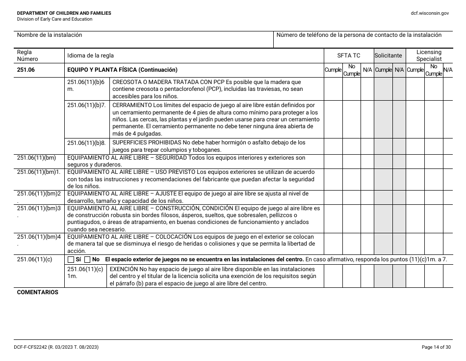 Formulario DCF-F-CFS2242-S Lista De Verificacion De La Licencia Inicial: Centros Grupales De Cuidado Infantil - Wisconsin (Spanish), Page 14
