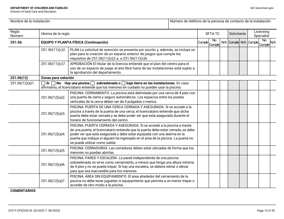 Formulario DCF-F-CFS2242-S Lista De Verificacion De La Licencia Inicial: Centros Grupales De Cuidado Infantil - Wisconsin (Spanish), Page 15