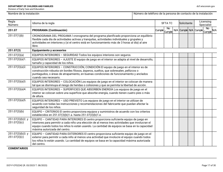 Formulario DCF-F-CFS2242-S Lista De Verificacion De La Licencia Inicial: Centros Grupales De Cuidado Infantil - Wisconsin (Spanish), Page 17