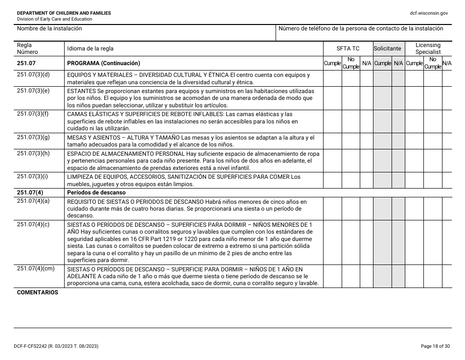 Formulario DCF-F-CFS2242-S Lista De Verificacion De La Licencia Inicial: Centros Grupales De Cuidado Infantil - Wisconsin (Spanish), Page 18