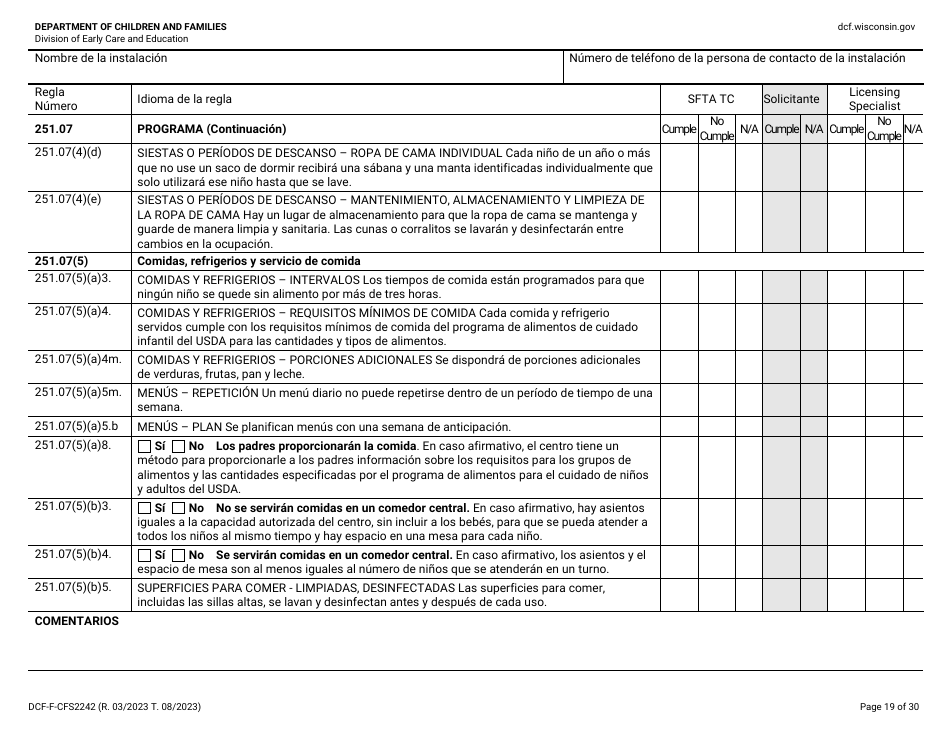 Formulario DCF-F-CFS2242-S Lista De Verificacion De La Licencia Inicial: Centros Grupales De Cuidado Infantil - Wisconsin (Spanish), Page 19
